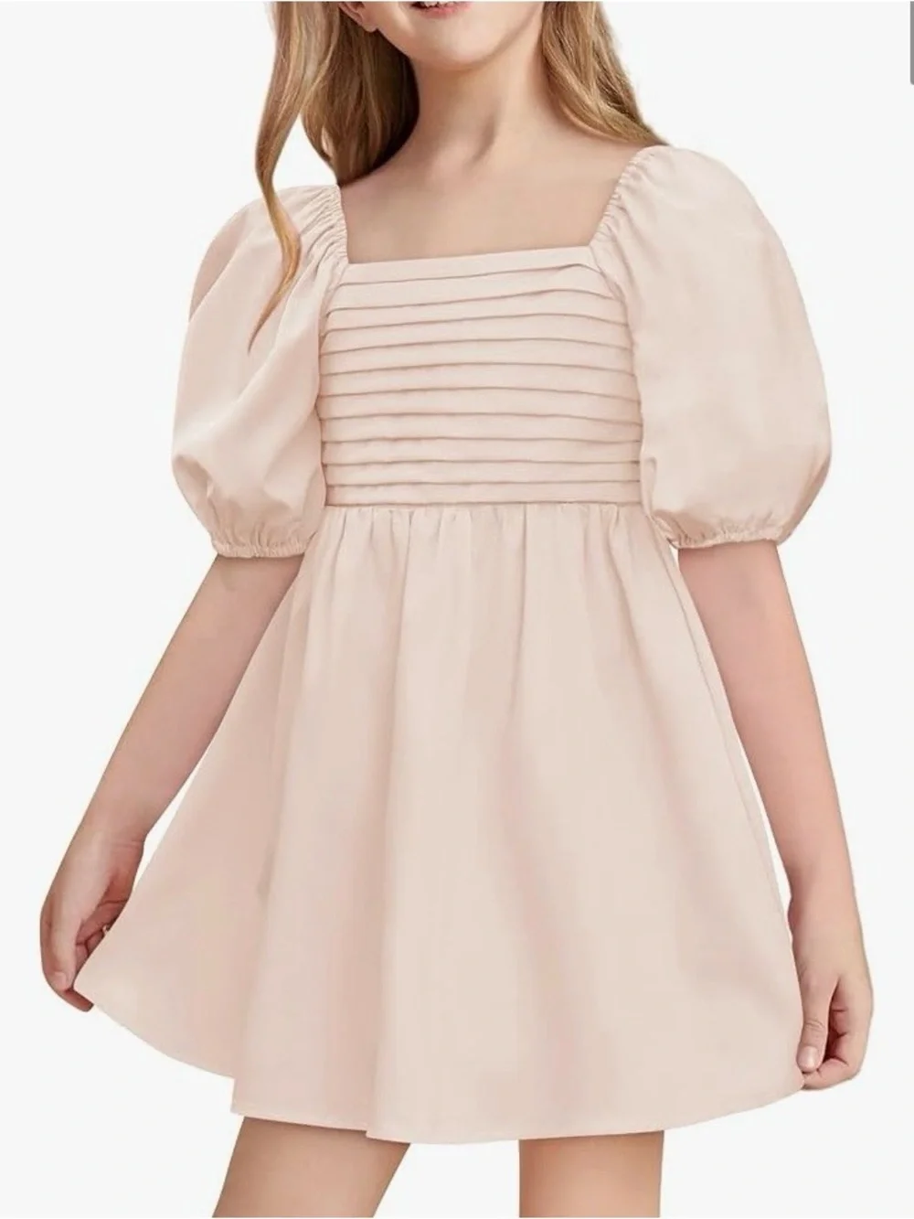 Girls' Cream Puff-Sleeve Square-Neck Dress
